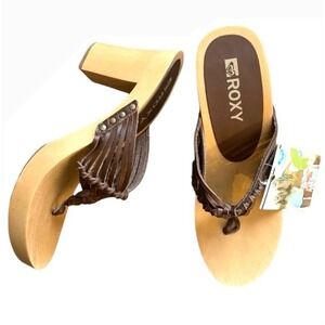 Roxy Boardwalk Thong Sandals Wood Heel Leather Straps‎ Clogs Size 9